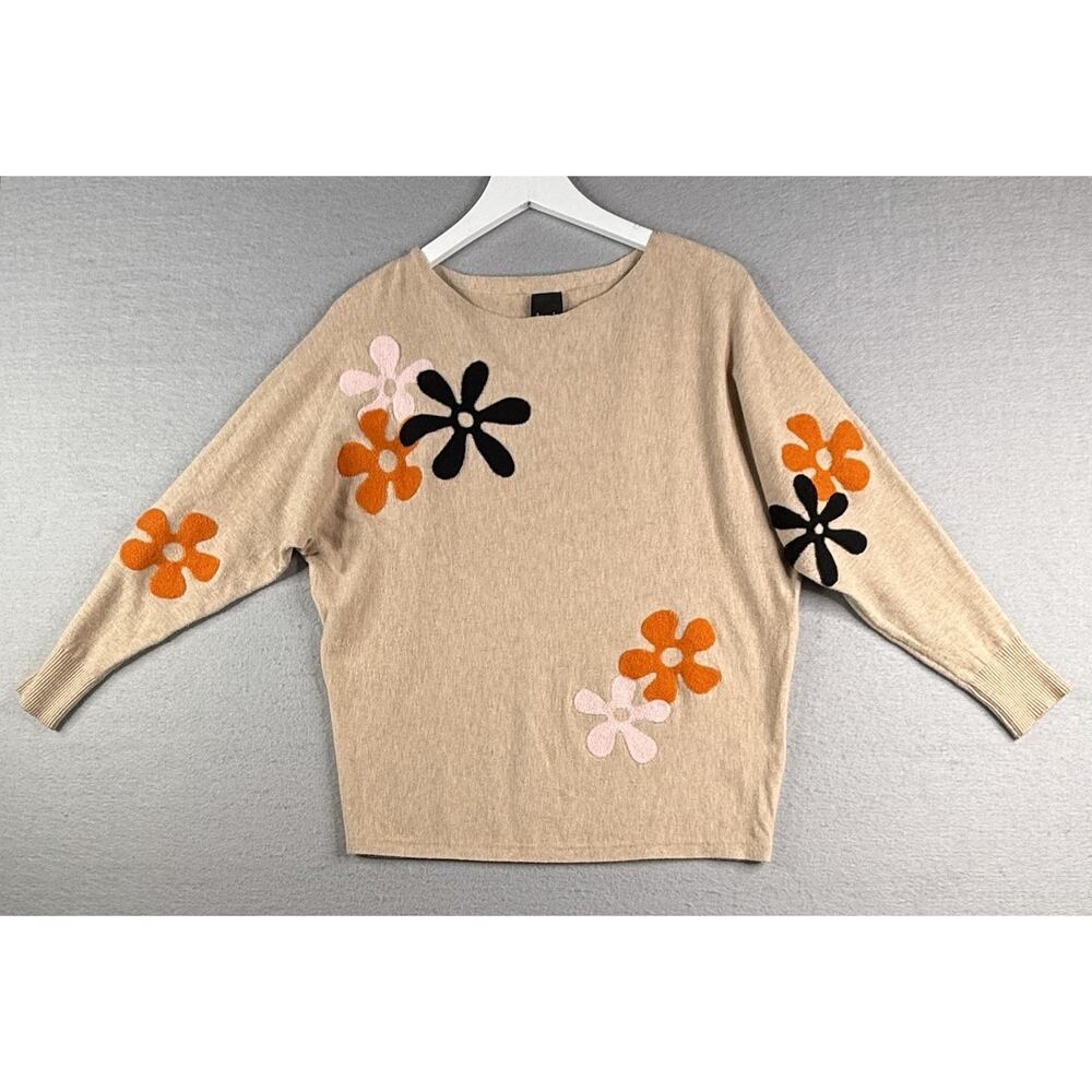 Aaeda Retro Sweater Size M Tan‎ Felt Flowers Boho Hippie Dolman Twee Kitschy